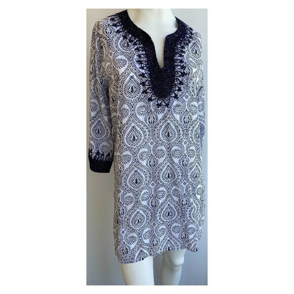 Roller Rabbit Cover-Up Tunic Dress Navy Gold Embroidery Print Blue sz M - Picture 1 of 10